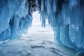 Winter Landscape, Frozen ice cave with bright sunlight from way out at lake Baikal in Irkutsk, Russia Royalty Free Stock Photo