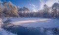 A winter landscape with a frozen lake and snow-covered forest Royalty Free Stock Photo