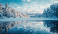 A winter landscape with a frozen lake and snow-covered forest Royalty Free Stock Photo
