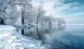 A winter landscape with a frozen lake and snow-covered forest Royalty Free Stock Photo