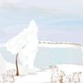 Winter landscape with frozen lake, snowdrifts,cloudy sky,snowbound tree