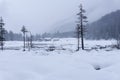 Winter landscape with frozen lake and snowfall. Sorrounded mountains covered in the fog. Jagersee, Salzburger Alps. Royalty Free Stock Photo