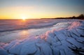 Winter landscape with frozen lake and sunset sky. Royalty Free Stock Photo