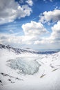 Winter landscape of frozen mountaind pond, Czarny staw gÃâ¦sienicowy, Tatry mountains. Beautiful sunny day. Vertical.