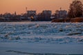 Winter landscape with frozen river with ice drifts Royalty Free Stock Photo