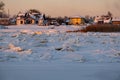 Winter landscape with frozen river with ice drifts Royalty Free Stock Photo