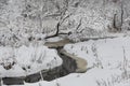 Winter landscape with a frozen river and snow-covered trees Royalty Free Stock Photo