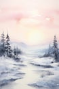 Winter landscape. Frozen river and snowy forest scenery. Watercolor painting Royalty Free Stock Photo