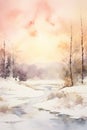 Winter landscape. Frozen river and snowy forest scenery. Watercolor painting. Royalty Free Stock Photo