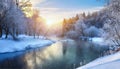 Winter landscape with a frozen river and trees on the shore at sunset. AI Generated Royalty Free Stock Photo