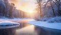 Winter landscape with a frozen river and trees on the shore at sunset. AI Generated Royalty Free Stock Photo