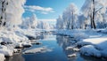 Winter landscape frozen tree, icy pond, tranquil beauty generated by AI Royalty Free Stock Photo
