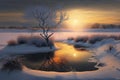 winter landscape with a frozen tree on the shore of a river at sunset