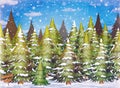 Winter landscape with green spruce trees in snow