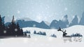 Winter landscape with high mountains on the horizon, pines, forest, snow falling and silhouette of deer Royalty Free Stock Photo