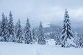 Winter landscape of high mountains with snow white peak. Forest. Lawn covered with snow. Evergreen trees in the snowdrifts. Royalty Free Stock Photo