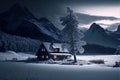 Winter landscape of house, forest and mountain at night, generative AI Royalty Free Stock Photo