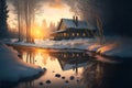 Winter landscape with house and forest at sunset, generative AI