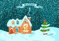 Winter landscape with house on Happy New Year celebration. Greeting card for Merry Christmas in vector Royalty Free Stock Photo