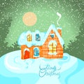 Winter landscape with house on Happy New Year celebration. Greeting card for Merry Christmas in vector Royalty Free Stock Photo