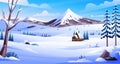 Winter landscape with a house and mountain illustration