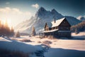 Winter landscape with house and mountain, generative AI