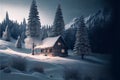 Winter landscape with house and mountain at night, generative AI