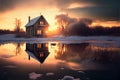 Winter landscape with house and river at sunset, generative AI