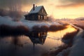 Winter landscape with house and river at sunset, generative AI