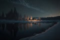 Winter landscape with house on the shore of the lake at night. Royalty Free Stock Photo