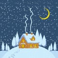 Winter landscape with a house on snow-covered hill Royalty Free Stock Photo