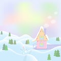Winter landscape with house and snowman. Beautiful christmas winter flat landscape background. Snow landscape background Royalty Free Stock Photo