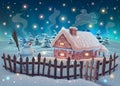 Winter landscape with house, snowman, Christmas trees, snowflakes, starry sky, snow and lights in vector. Happy New Year Royalty Free Stock Photo
