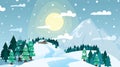 Winter landscape house on snowy coniferous forest and mountains on blue sky and bright sun background. Winter forest