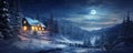 Winter landscape with house in woods at night, scenery of lone chalet, snow and moon. Panorama of cottage and trees in snowy Royalty Free Stock Photo