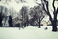 Winter landscape, houses and alley covered by snow