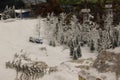 Winter landscape, houses, trees, Northern residents live and work in a snowy city