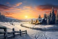 Winter landscape with hut, fence and trees covered with snow. Royalty Free Stock Photo