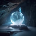 Winter landscape with ice cave and crystal ball. 3D Rendering