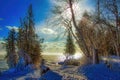 Winter landscape of the ice-coated Lake Michigan shoreline beside at Cave Point in Wisconsin. Royalty Free Stock Photo