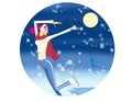 Winter landscape with an ice-hole and the moon. A girl in yellow in a sweater and a red scarf skates under the falling snow Royalty Free Stock Photo