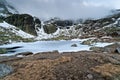 Winter landscape ice lake snow rock storm sky Royalty Free Stock Photo