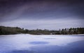 Winter Landscape of Icy Cranberry Bog and Snow-Covered Forest on Cape Cod, Massachusetts Royalty Free Stock Photo