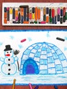 Winter landscape, igloo and snowman