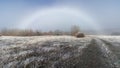 Winter landscape with intense fog and rainbows on the horizon, ice on the plants and on the road. Fogbow. Riaza, Spain
