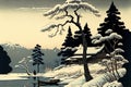 Winter landscape in japanese woodblock style. Generative AI.