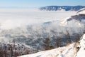 Winter landscape of Lake Baikal. Start of the Angara river