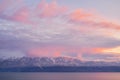 Winter landscape of lake Geneva or Lac Leman at sunset