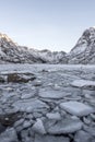 Landscape on a lake during Lofoten islands winter. Snow and ice melting Royalty Free Stock Photo