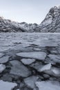 Lake during Lofoten islands winter. Snow and ice melting Royalty Free Stock Photo